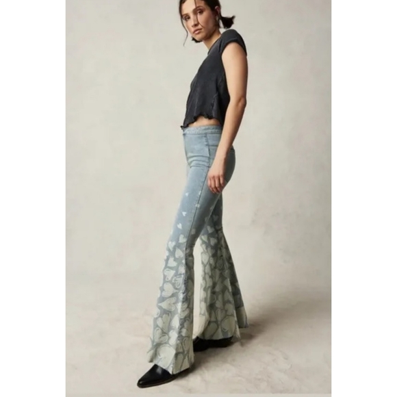 Free People Just Float On Flare Printed Jeans in Sky Combo Queen Of Hearts - Picture 3 of 7